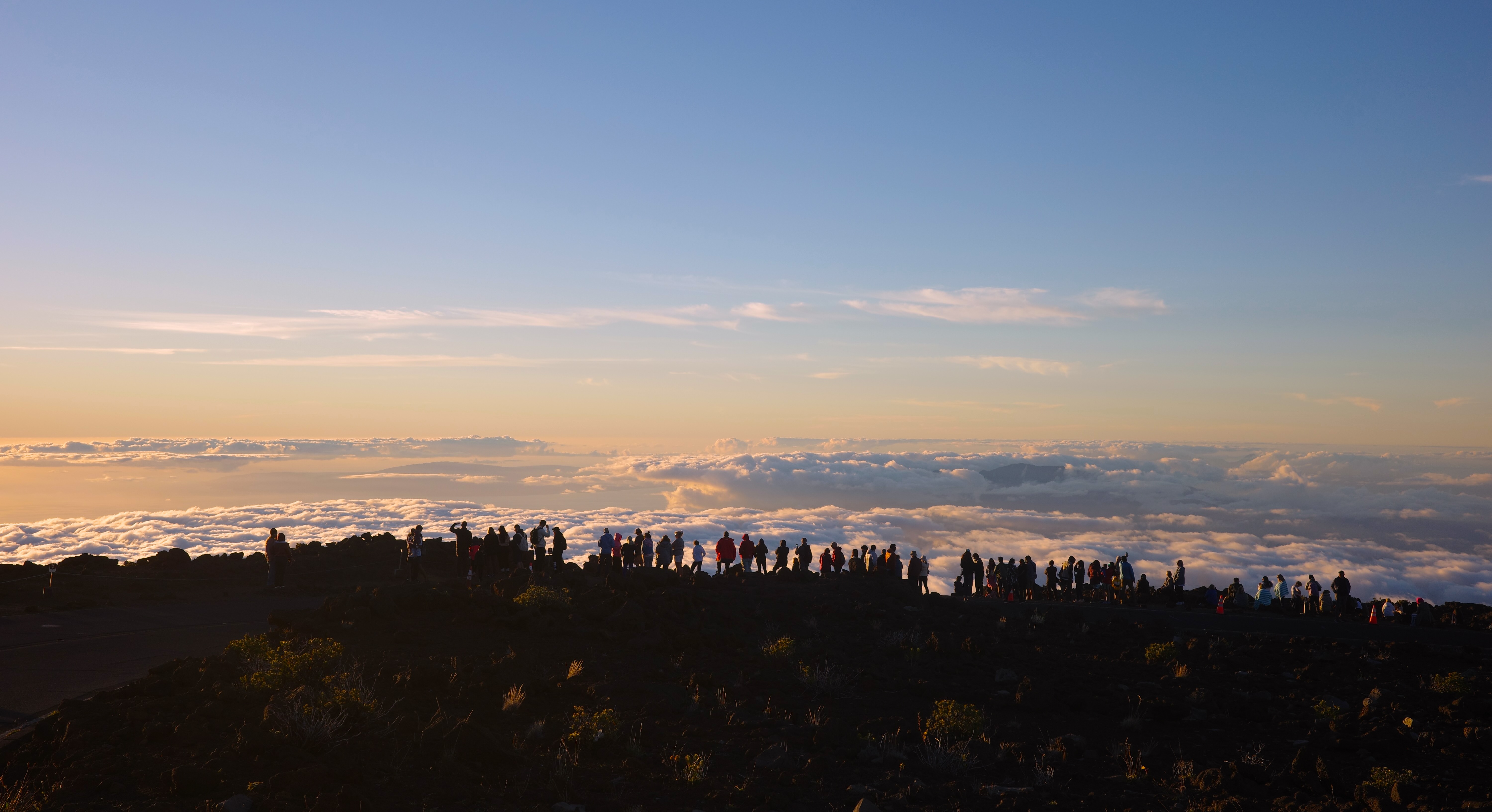 People silhouetted on a ridge above clouds beneath a pink and blue sky